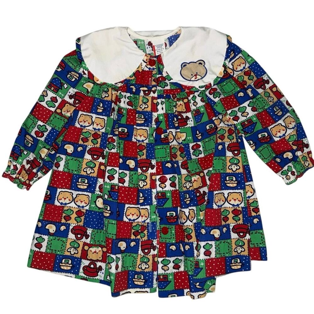 VTG 80s 90s Novelty Patchwork Dress Girl 3T Teddy Bear Cottagecore Collar